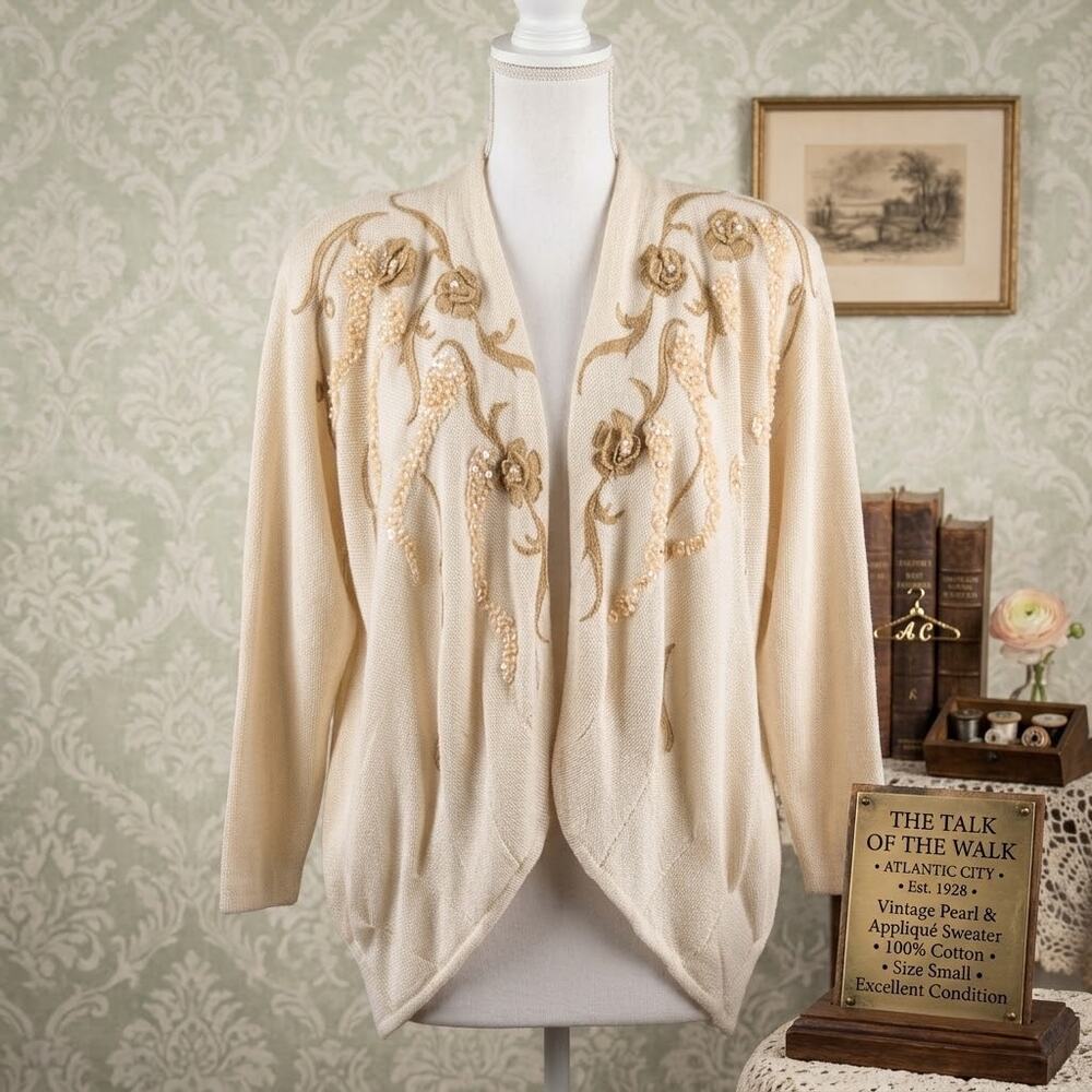 Vintage Talk of the Walk 1970's NWT Ivory Pearl & Appliqué Sweater Sz S